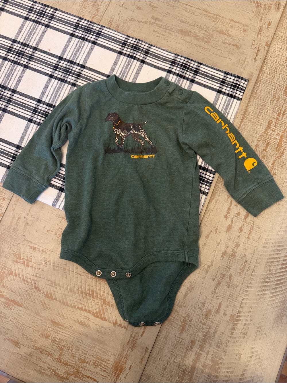 Carhartt (9M) Green Long-Sleeve Baby Onesie with German Shorthaired Pointer